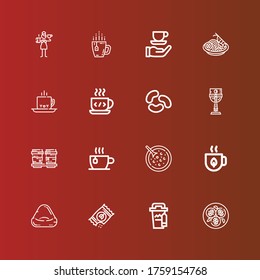 Editable 16 bean icons for web and mobile. Set of bean included icons line Tofu, Coffee cup, Seeds, Bean bag, Tea, Red soup, Cup, Jelly beans, Coffee, Pad thai, Barista on red