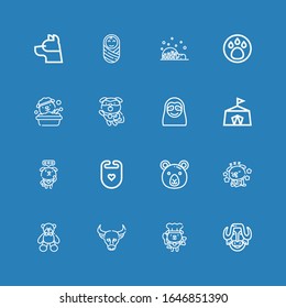 Editable 16 bear icons for web and mobile. Set of bear included icons line Bison, Dog, Buffalo, Bear, Bib, Circus, Sloth, Animal, Igloo, Baby on blue background