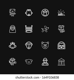 Editable 16 bear icons for web and mobile. Set of bear included icons line Circus, Zookeeper, Koala, Dog, Sloth, Bear, Hedgehog, Baby, Crib, Igloo, Animal on black background