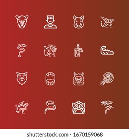 Editable 16 beast icons for web and mobile. Set of beast included icons line Dragon, Cryptozoology, Monster, Fangs, Wolf, Crocodile, Mythology, Boar, Rhino on red