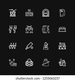 Editable 16 beat icons for web and mobile. Set of beat included icons line Pressure, Cowbell, Drum, Heart rate, Metronome, Cricket, Parade, Drums, Health, Death on black background