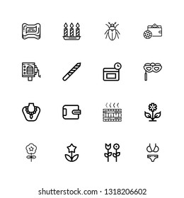 Editable 16 beauty icons for web and mobile. Set of beauty included icons line Bikini, Flower, Jacuzzi, Wallet, Necklace, Eye mask, Anti age, Nail file, Barrel organ on white background
