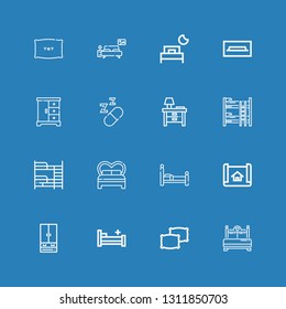 Editable 16 bedroom icons for web and mobile. Set of bedroom included icons line Bed, Pillows, Hospital bed, Closet, House plan, Bunk bed, Nightstand, Sleeping on blue background