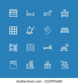 Editable 16 bedroom icons for web and mobile. Set of bedroom included icons line Real estate, Nightstand, Bed, Bunk bed, Sleeping, Snooze, Blanket, Bedroom on blue background