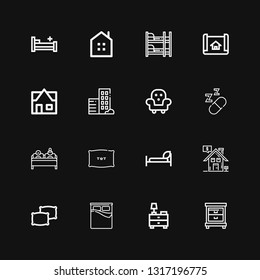 Editable 16 bedroom icons for web and mobile. Set of bedroom included icons line Nightstand, Bed, Pillows, Real estate, Pillow, Double bed, Sleeping, Furniture on black background