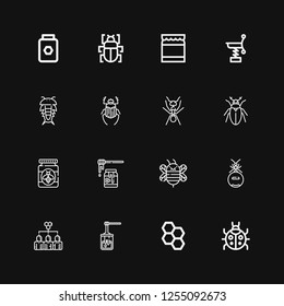 Editable 16 bee icons for web and mobile. Set of bee included icons line Ladybug, Honeycomb, Honey, Hive, Ant, Bee, Beetle, Insect, Spring, Fleas on black background
