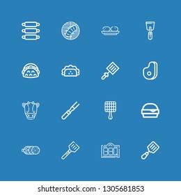 Editable 16 beef icons for web and mobile. Set of beef included icons line Spatula, Bbq, Salami, Hamburger, Grill, Meat, Cow, Taco, Croquette, Ribs on blue background