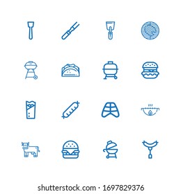 Editable 16 iconos de carne para web y móvil. Conjunto de carne incluida la línea de íconos Sausage, Grill, Hamburger, Vaca, Ribs, Kebab, Hamburguer, Bbq, Taco, barbacoa asador sobre fondo blanco