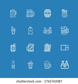 Editable 16 beer icons for web and mobile. Set of beer included icons line Beer, Cola, Drink, Crop, Harp, Dark Soda, Restaurant, Cocktail, Barrel on blue background