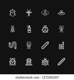 Editable 16 beetle icons for web and mobile. Set of beetle included icons line Caterpillar, Ladybug, Sphinx, Fleas, Bug, Insect, Worm, Ant, Ladybird, Insecticide on black background