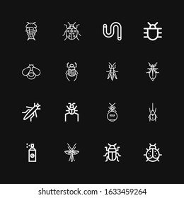 Editable 16 beetle icons for web and mobile. Set of beetle included icons line Ladybird, Beetle, Bug, Insecticide, Ant, Parasite, Grasshopper, Leaf insect on black background