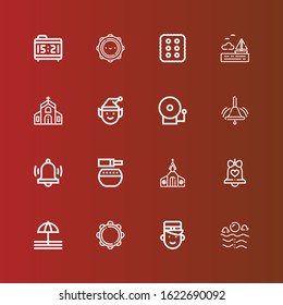 Editable 16 bell icons for web and mobile. Set of bell included icons line Sea, Bellboy, Tambourine, Bell, Church, Standing Alarm, Alarm Elf, Cracker, Alarm clock on red