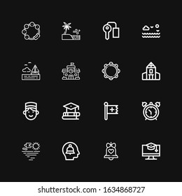 Editable 16 bell icons for web and mobile. Set of bell included icons line Education, Bell, Alert, Sea, Alarm clock, Christian, Concierge, School, Tambourine on black background