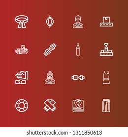 Editable 16 belt icons for web and mobile. Set of belt included icons line Trousers, Robe, Scarf, Lifesaver, Clothes, Seat belt, Engineer, Martial arts, Conveyor, Punching bag on red