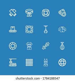 Editable 16 belt icons for web and mobile. Set of belt included icons line Lifesaver, Clothes, Cloth, Conveyor, Boxing bag, Seat belt, Clothing, Industrial robot on blue background