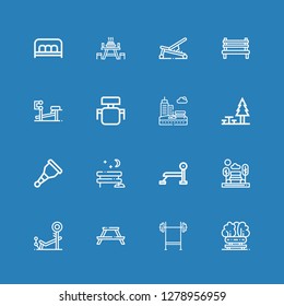 Editable 16 bench icons for web and mobile. Set of bench included icons line Bench, Bench press, Picnic table, Park, Wooden leg, Rest area, Desk chair on blue background