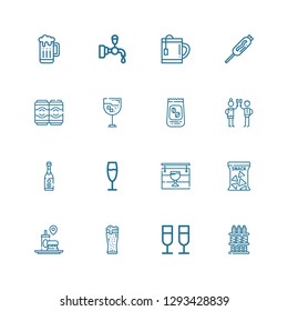 Editable 16 beverage icons for web and mobile. Set of beverage included icons line Drinks, Champagne, Beer, Fast food, Snack, Pub, Toast, Coffee beans, Drink on white background