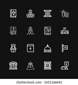 Editable 16 bible icons for web and mobile. Set of bible included icons line Last supper, Bible, Calvary, Library, Christian, Vatican, Witness, Art book, Praying on black background