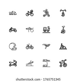 Editable 16 bike icons for web and mobile. Set of bike included icons line Bicycle, Fitness, Motorbike, Jet ski, Saddle, Helmet, Unicycle, Train, Bike, Snowmobile on white background