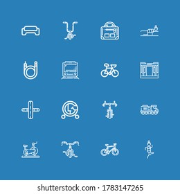 Editable 16 iconos de bicicleta para web y móvil. Juego de bicicletas incluidas línea de iconos Fitness, Bicicleta, Bicicleta Estacionaria, Tren, Vehículo, Gimnasio, sobre fondo azul
