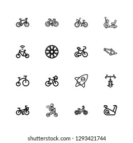 Editable 16 biking icons for web and mobile. Set of biking included icons line Stationary bike, Bicycle, Bike, Adventure, Bmx, Spoke wheel on white background