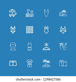 Editable 16 bikini icons for web and mobile. Set of bikini included icons line Clothes, Island, Swimsuit, Beach, Boxer, Bikini, Cloth on blue background