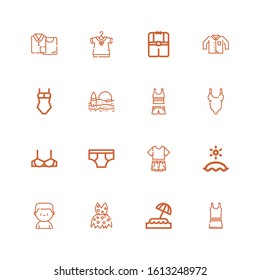 Editable 16 bikini icons for web and mobile. Set of bikini included icons line Clothes, Island, Clothing, Boxer, Beach, Underwear, Brassiere, Swimsuit on white background