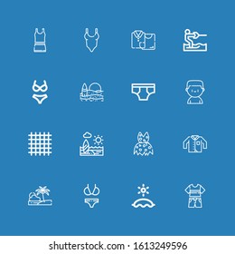 Editable 16 bikini icons for web and mobile. Set of bikini included icons line Clothes, Beach, Bikini, Clothing, Cloth, Boxer, Underwear, Water ski, Swimsuit on blue background