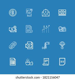 Editable 16 bill icons for web and mobile. Set of bill included icons line Bill, Receipt, Money, Invoice, Loan on blue background