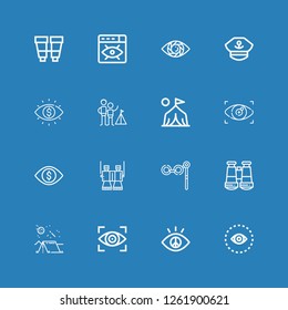 Editable 16 binocular icons for web and mobile. Set of binocular included icons line Vision, Camping, Binoculars, Camp, Captain on blue background
