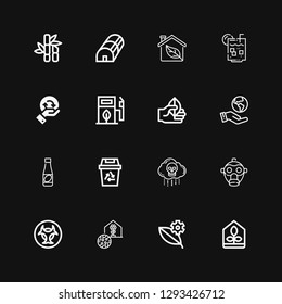 Editable 16 bio icons for web and mobile. Set of bio included icons line Greenhouse, Leaf, Biohazard, Gas mask, Bio weapon, Recycling, Juice, Ecologism, Eco fuel on black background