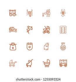 Editable 16 birth icons for web and mobile. Set of birth included icons line Carriage, Stroller, Insemination, Pregnant, Bib, Contraceptive pills, Baby carriage on white background