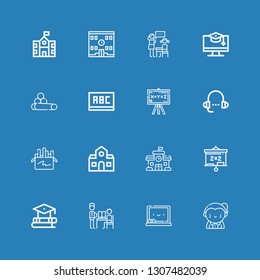 Editable 16 blackboard icons for web and mobile. Set of blackboard included icons line Teacher, Chalkboard, Education, Blackboard, School, Chalk, Lesson on blue background