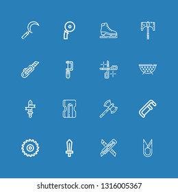 Editable 16 blade icons for web and mobile. Set of blade included icons line Scissors, Cutter, Sword, Saw, Axes, Sharpener, Grate, Axe, Ice skate, Sickle on blue background