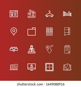 Editable 16 blank icons for web and mobile. Set of blank included icons line Pie chart, Border, Monitor, Laptop, Notepad, Discount, Commentator, Diploma, Notebook, Documentation on red