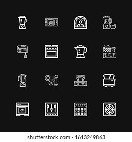 Editable 16 blender icons for web and mobile. Set of blender included icons line Extractor, Mixer, Oven, Toaster, Waffle iron, Measuring spoons, Blender, Fryer on black background