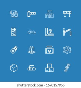 Editable 16 block icons for web and mobile. Set of block included icons line Chain, Sugar cube, Wood, d cube, Cube, Chocolate, Barrier, Gold, Barricade, Abc on blue background