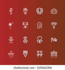 Editable 16 blossom icons for web and mobile. Set of blossom included icons line Flowers, Flower, Flower pot, Rose, Bouquet, Cotton, Chinese, Dandelion, Lotus on red