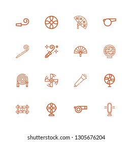 Editable 16 blower icons for web and mobile. Set of blower included icons line Fan, Whistle, Wall bracket, Blower, Engine propeller, Water hose, Party on white background