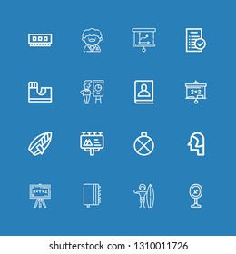 Editable 16 board icons for web and mobile. Set of board included icons line Airport, Surfer, Agenda, Chalkboard, Student, Canteen, Billboard, Surfboard, Blackboard on blue background