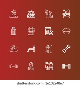 Editable 16 body icons for web and mobile. Set of body included icons line Dumbbell, Hand grip, Woman, Bone, Golfer, Bench press, Sauna, Lips, Vitamins, Chest, Sunblock on red