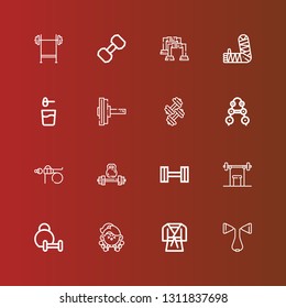 Editable 16 bodybuilding icons for web and mobile. Set of bodybuilding included icons line Chest expander, Judo, Fitness, Weightlifting, Dumbbell, Barbell, Powder, Arm on red