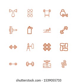 Editable 16 bodybuilding icons for web and mobile. Set of bodybuilding included icons line Dumbbell, Fitness, Barbell, Arms, Isotonic, Weightlifting, Bench press on white background