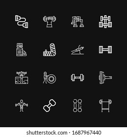 Editable 16 bodybuilding icons for web and mobile. Set of bodybuilding included icons line Bench press, Dumbbell, Fitness, Arm, Vitamin, Pushup, Chest expander on black background