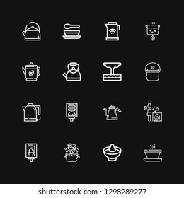 Editable 16 boil icons for web and mobile. Set of boil included icons line Soup, Hot pot, Water heater, Kettle, Geyser, Boil on black background