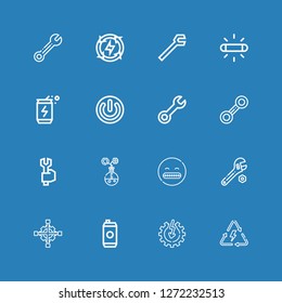 Editable 16 bolt icons for web and mobile. Set of bolt included icons line Energy, Power, Energy drink, Cross wrench, Wrench, Shocked, Spanner, Flash on blue background
