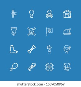 Editable 16 bone icons for web and mobile. Set of bone included icons line Dog, Bones, Fish bone, Chicken leg, Pirate, Broken leg, Roast chicken, Pirate flag on blue background