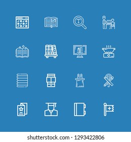 Editable 16 book icons for web and mobile. Set of book included icons line Christian, Notebook, Graduate, Flyer, Stationary, Magic, Ereader, Paper, Cooking on blue background