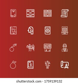 Editable 16 book icons for web and mobile. Set of book included icons line Drawing, Voodoo, Book, Bomb, Guide, Scientist, Manual, Student, Recipe Papyrus, School on red