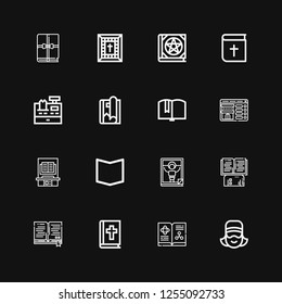 Editable 16 bookstore icons for web and mobile. Set of bookstore included icons line Cashier, Book, Bible, Magazine, Booking on black background